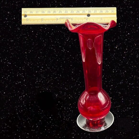 Art Glass Vase Crackle Bottom Ruby Red Ruffled Top Clear Bottom Glass 8”T 3.25”W - Picture 7 of 9